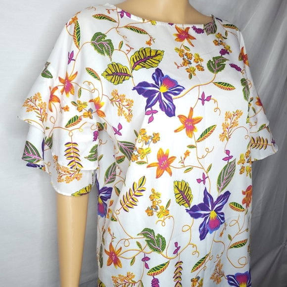 HARLOW & ROSE WHITE FLORAL PRINT RUFFLE SLEEVE BLOUSE EUC SMALL - Picture 3 of 8